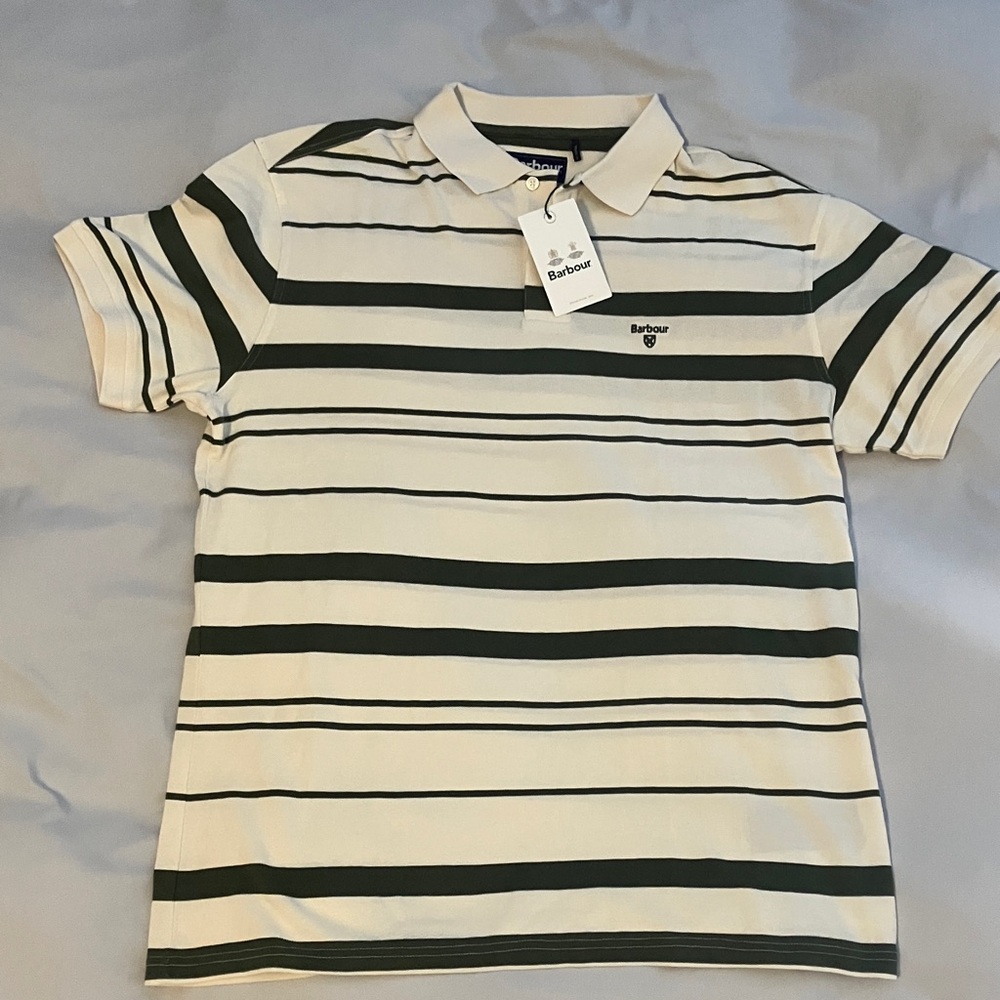 Barbour Cream and Green Striped Polo XL